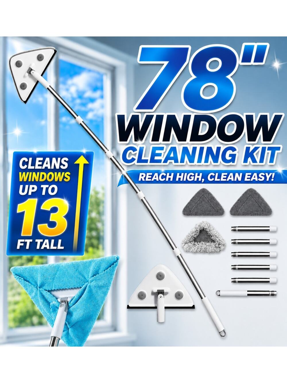 CTIME 78" Professional 3-in-1 Window Cleaning Kit Squeegee Wall Mop
